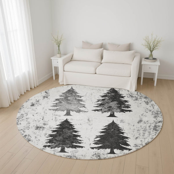 HomeRoots 8' Gray and Charcoal Floral Round Rug – Washable, Stain Resistant, UV Protected for Busy Homes 701668