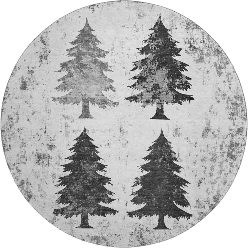 HomeRoots 8' Gray and Charcoal Floral Round Rug – Washable, Stain Resistant, UV Protected for Busy Homes 701668