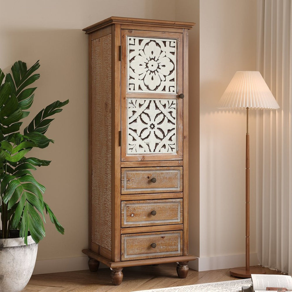 English Elm Rustic Tall Narrow Wood Cabinet Floral Cutout Door 3 Drawers Vintage Bohemian Organizer W2295P414114