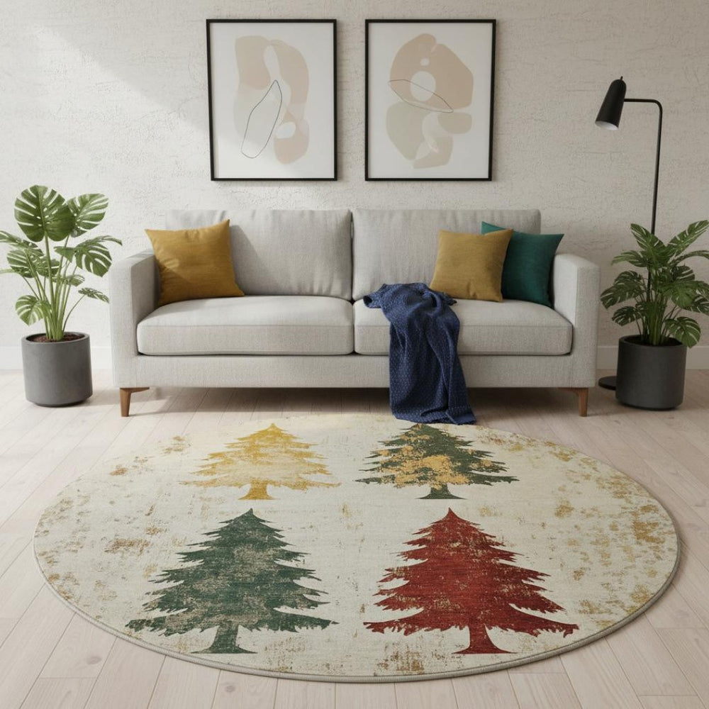 HomeRoots 8' Elegant Ivory Gold Burgundy Floral Washable Round Rug with UV Protection for Everyday Living 701674