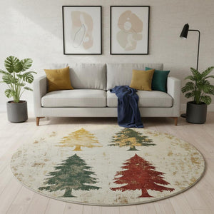 HomeRoots 8' Elegant Ivory Gold Burgundy Floral Washable Round Rug with UV Protection for Everyday Living 701674