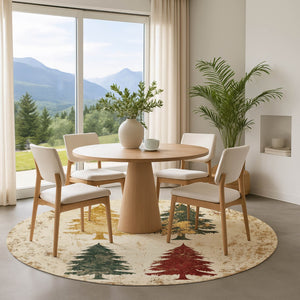 HomeRoots 8' Elegant Ivory Gold Burgundy Floral Washable Round Rug with UV Protection for Everyday Living 701674