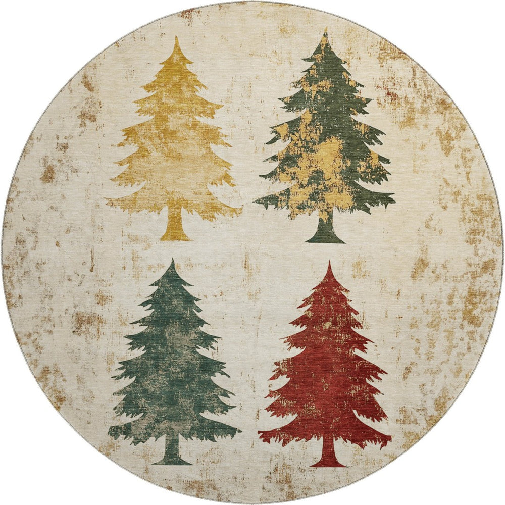 HomeRoots 8' Elegant Ivory Gold Burgundy Floral Washable Round Rug with UV Protection for Everyday Living 701674