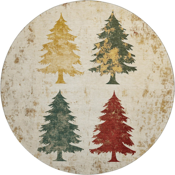 HomeRoots 8' Elegant Ivory Gold Burgundy Floral Washable Round Rug with UV Protection for Everyday Living 701674