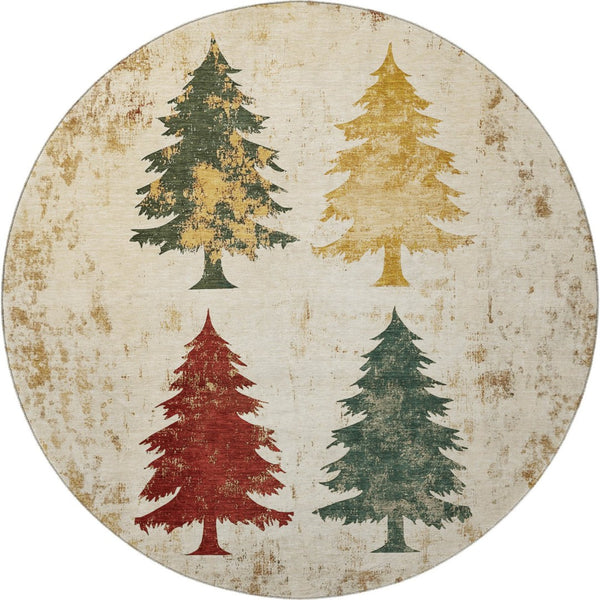 HomeRoots 8' Elegant Ivory Gold Burgundy Floral Washable Round Rug with UV Protection for Everyday Living 701674