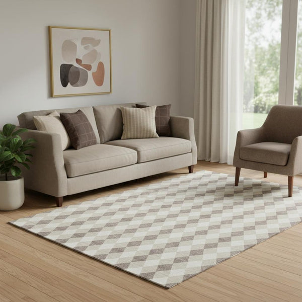 HomeRoots 5' X 8' Beige Taupe and Ivory Geometric Washable Area Rug - UV Protected, Non-Slip & Durable Design 701679