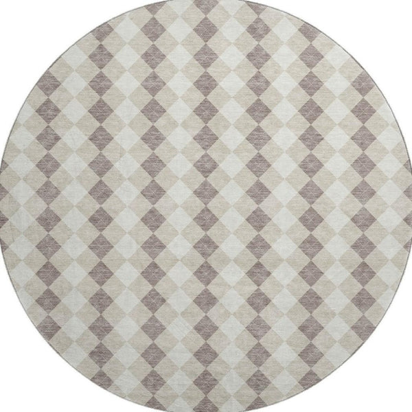 HomeRoots 8' Modern Beige Taupe and Ivory Geometric Round Rug – Washable, UV Protected, Perfect for Homes! 701680