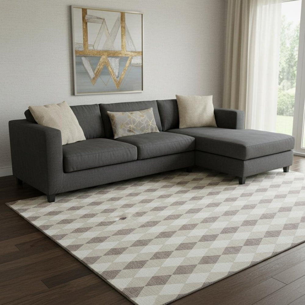 HomeRoots 8' X 10' Washable Beige Taupe & Ivory Geometric Area Rug - Stain-Resistant, UV Protected & Stylish 701681
