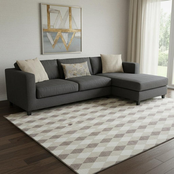 HomeRoots 8' X 10' Washable Beige Taupe & Ivory Geometric Area Rug - Stain-Resistant, UV Protected & Stylish 701681