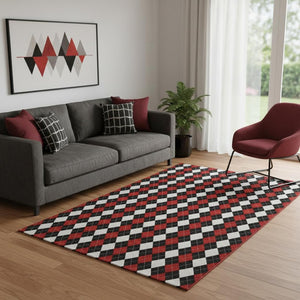 HomeRoots 5' X 8' Bold Black, Red & White Geometric Washable Area Rug with UV Protection for High-Traffic Rooms 701685