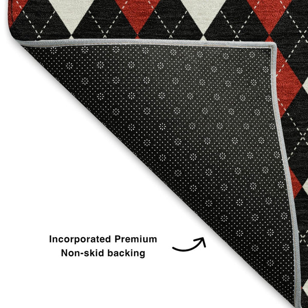 HomeRoots 5' X 8' Bold Black, Red & White Geometric Washable Area Rug with UV Protection for High-Traffic Rooms 701685