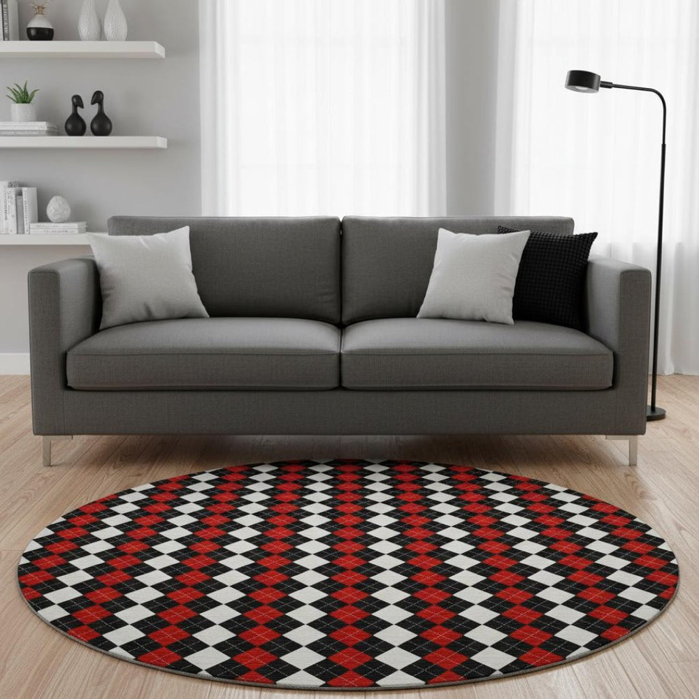 HomeRoots 8' Bold Geometric Round Rug in Black, Red & White - Washable, UV-Protected & Non-Slip Design 701686