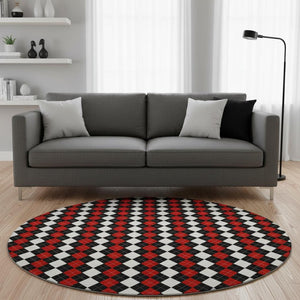 HomeRoots 8' Bold Geometric Round Rug in Black, Red & White - Washable, UV-Protected & Non-Slip Design 701686