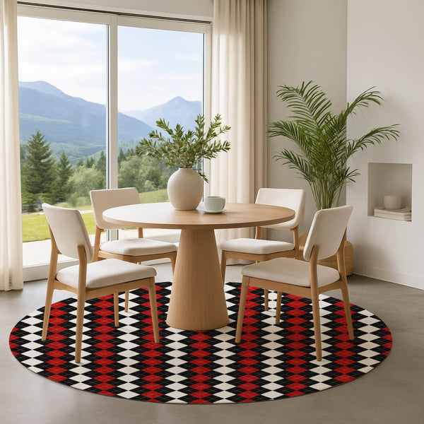 HomeRoots 8' Bold Geometric Round Rug in Black, Red & White - Washable, UV-Protected & Non-Slip Design 701686