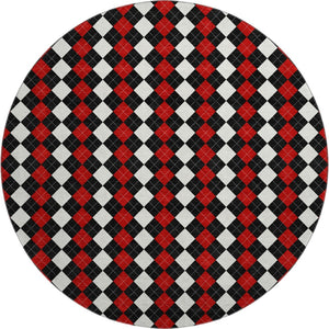 HomeRoots 8' Bold Geometric Round Rug in Black, Red & White - Washable, UV-Protected & Non-Slip Design 701686