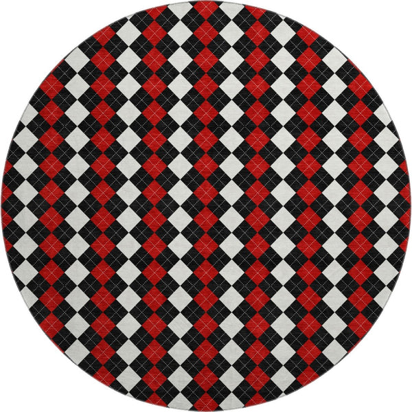 HomeRoots 8' Bold Geometric Round Rug in Black, Red & White - Washable, UV-Protected & Non-Slip Design 701686