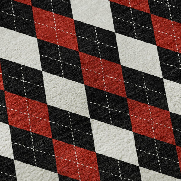 HomeRoots 8' Bold Geometric Round Rug in Black, Red & White - Washable, UV-Protected & Non-Slip Design 701686