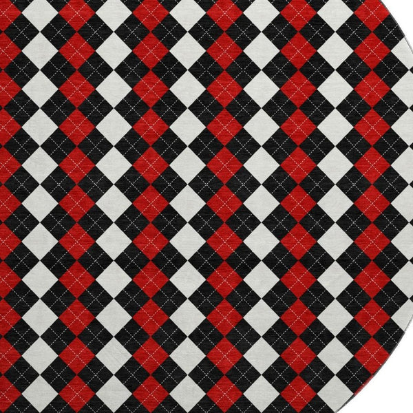 HomeRoots 8' Bold Geometric Round Rug in Black, Red & White - Washable, UV-Protected & Non-Slip Design 701686