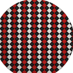 HomeRoots 8' Bold Geometric Round Rug in Black, Red & White - Washable, UV-Protected & Non-Slip Design 701686