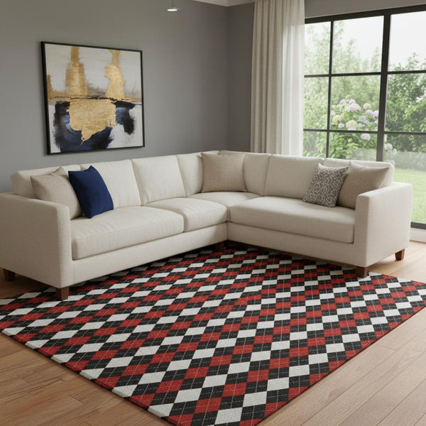 HomeRoots 8' X 10' Stylish Black Red and White Geometric Washable Area Rug with UV Protection for Modern Homes 701687