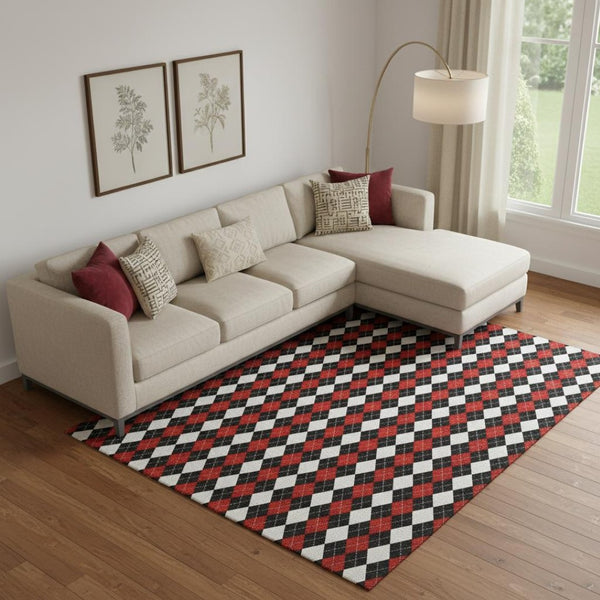 HomeRoots 9' X 12' Stylish Black Red White Geometric Washable Area Rug with UV Protection for Modern Spaces 701688