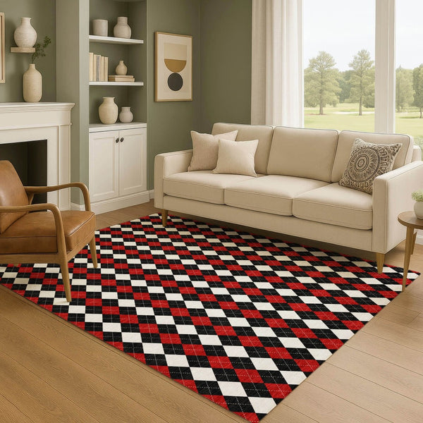 HomeRoots 9' X 12' Stylish Black Red White Geometric Washable Area Rug with UV Protection for Modern Spaces 701688