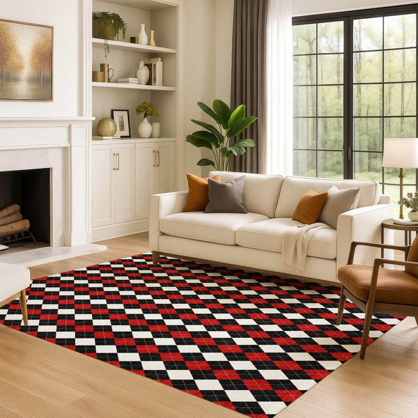 HomeRoots 9' X 12' Stylish Black Red White Geometric Washable Area Rug with UV Protection for Modern Spaces 701688