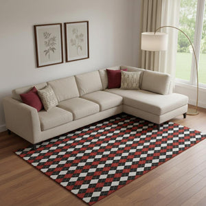 HomeRoots 10' Modern Geometric Area Rug in Black, Red & White - Washable, UV-Protected, Durable Design for Homes 701689