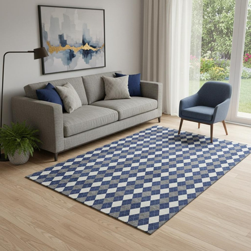 HomeRoots 5' X 8' Geometric Area Rug in Navy Blue, White & Gray - Washable, UV Protected, Durable & Stylish! 701691