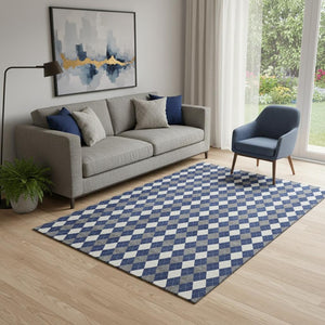 HomeRoots 5' X 8' Geometric Area Rug in Navy Blue, White & Gray - Washable, UV Protected, Durable & Stylish! 701691