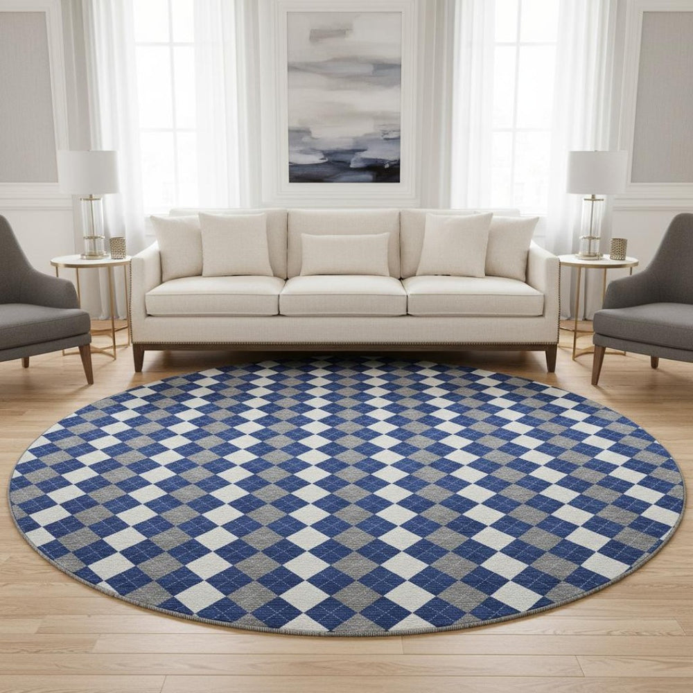 HomeRoots 8' Navy Blue, White & Gray Geometric Washable Round Rug with UV Protection - Durable & Stylish! 701692