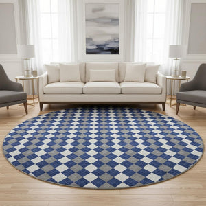 HomeRoots 8' Navy Blue, White & Gray Geometric Washable Round Rug with UV Protection - Durable & Stylish! 701692