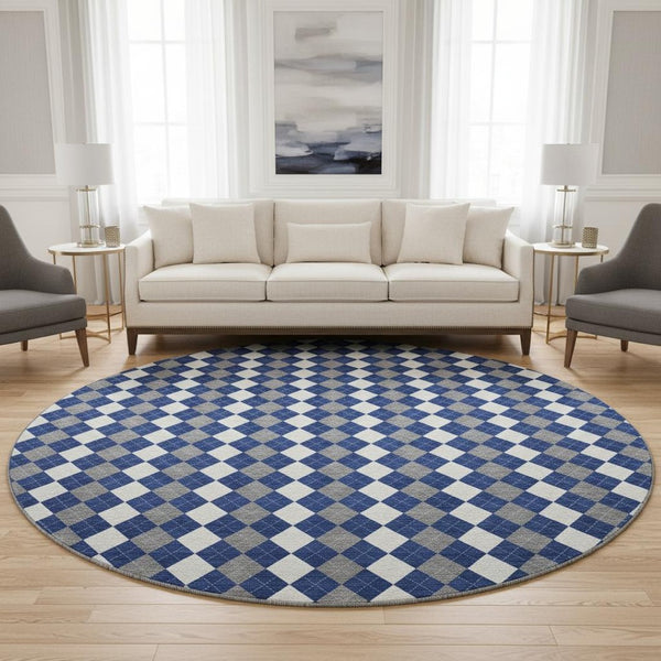HomeRoots 8' Navy Blue, White & Gray Geometric Washable Round Rug with UV Protection - Durable & Stylish! 701692