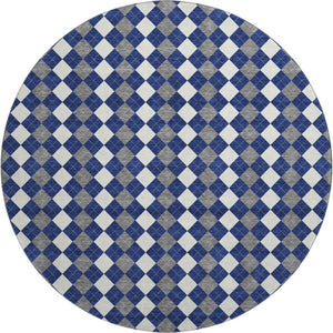 HomeRoots 8' Navy Blue, White & Gray Geometric Washable Round Rug with UV Protection - Durable & Stylish! 701692