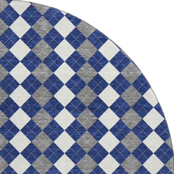 HomeRoots 8' Navy Blue, White & Gray Geometric Washable Round Rug with UV Protection - Durable & Stylish! 701692