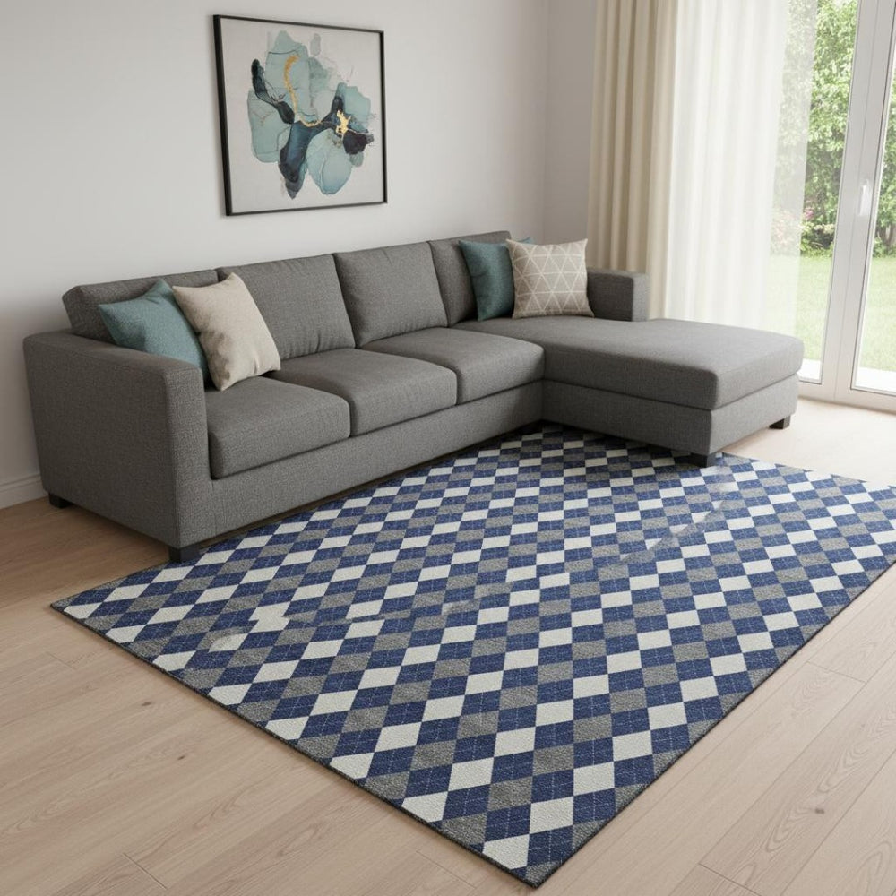 HomeRoots 8' X 10' Washable Navy Blue, White & Gray Geometric Area Rug with UV Protection for Busy Homes 701693