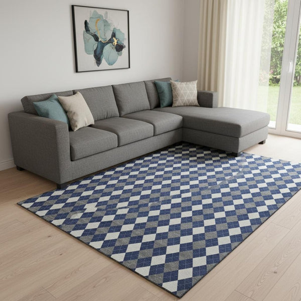 HomeRoots 8' X 10' Washable Navy Blue, White & Gray Geometric Area Rug with UV Protection for Busy Homes 701693