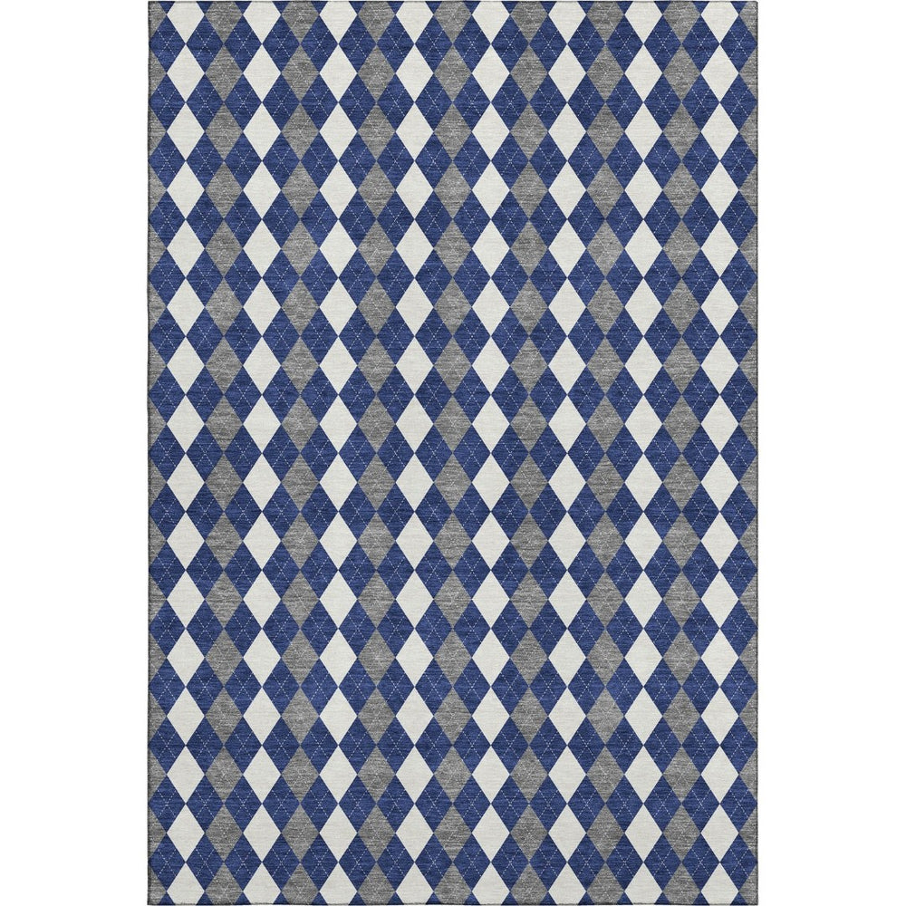 HomeRoots 8' X 10' Washable Navy Blue, White & Gray Geometric Area Rug with UV Protection for Busy Homes 701693