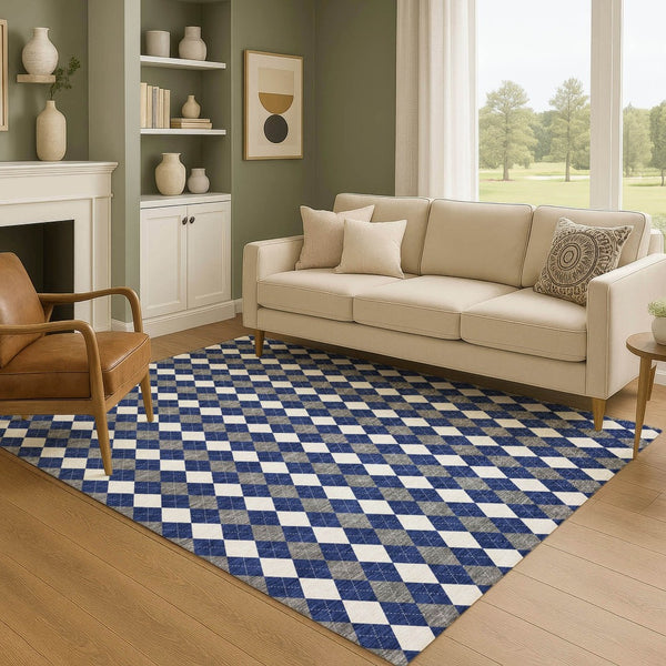 HomeRoots 9' X 12' Modern Navy Blue Geometric Area Rug - Washable, UV-Protected, Stylish & Durable Design 701694