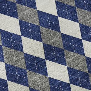 HomeRoots 10' X 14' Navy Blue, White & Gray Geometric Area Rug - Washable, UV Protected, Durable Design! 701695