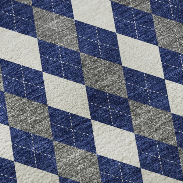 HomeRoots 10' X 14' Navy Blue, White & Gray Geometric Area Rug - Washable, UV Protected, Durable Design! 701695