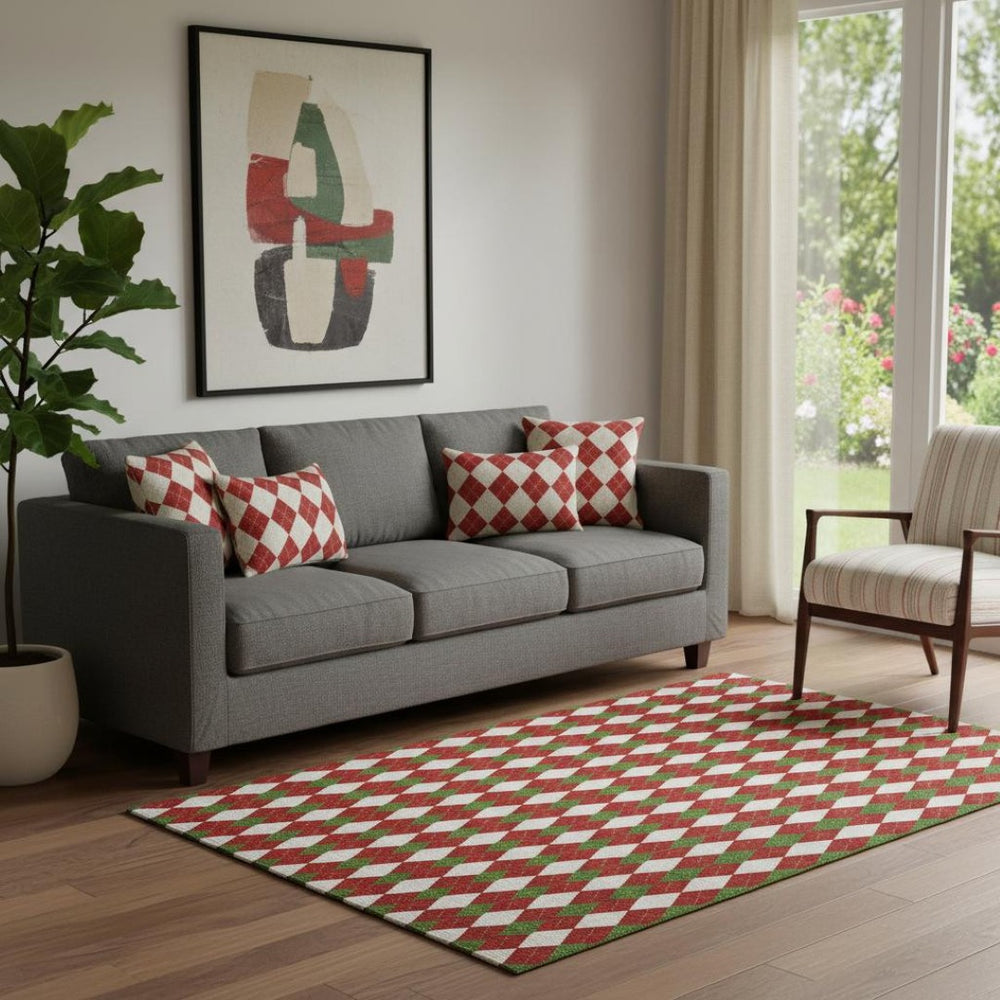 HomeRoots 5' X 8' Geometric Area Rug in Red, Green & White – Washable, UV Protected, Perfect for Families! 701697