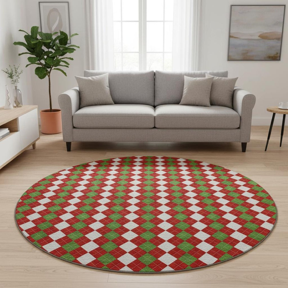 HomeRoots 8' Vibrant Red Green and White Geometric Round Rug - Washable, UV Protected, Perfect for High Traffic Areas 701698