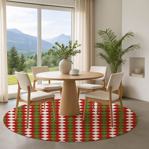 HomeRoots 8' Vibrant Red Green and White Geometric Round Rug - Washable, UV Protected, Perfect for High Traffic Areas 701698