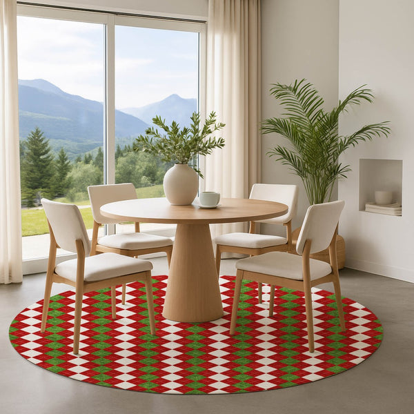 HomeRoots 8' Vibrant Red Green and White Geometric Round Rug - Washable, UV Protected, Perfect for High Traffic Areas 701698