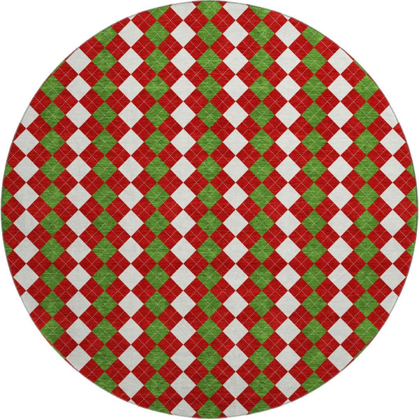 HomeRoots 8' Vibrant Red Green and White Geometric Round Rug - Washable, UV Protected, Perfect for High Traffic Areas 701698