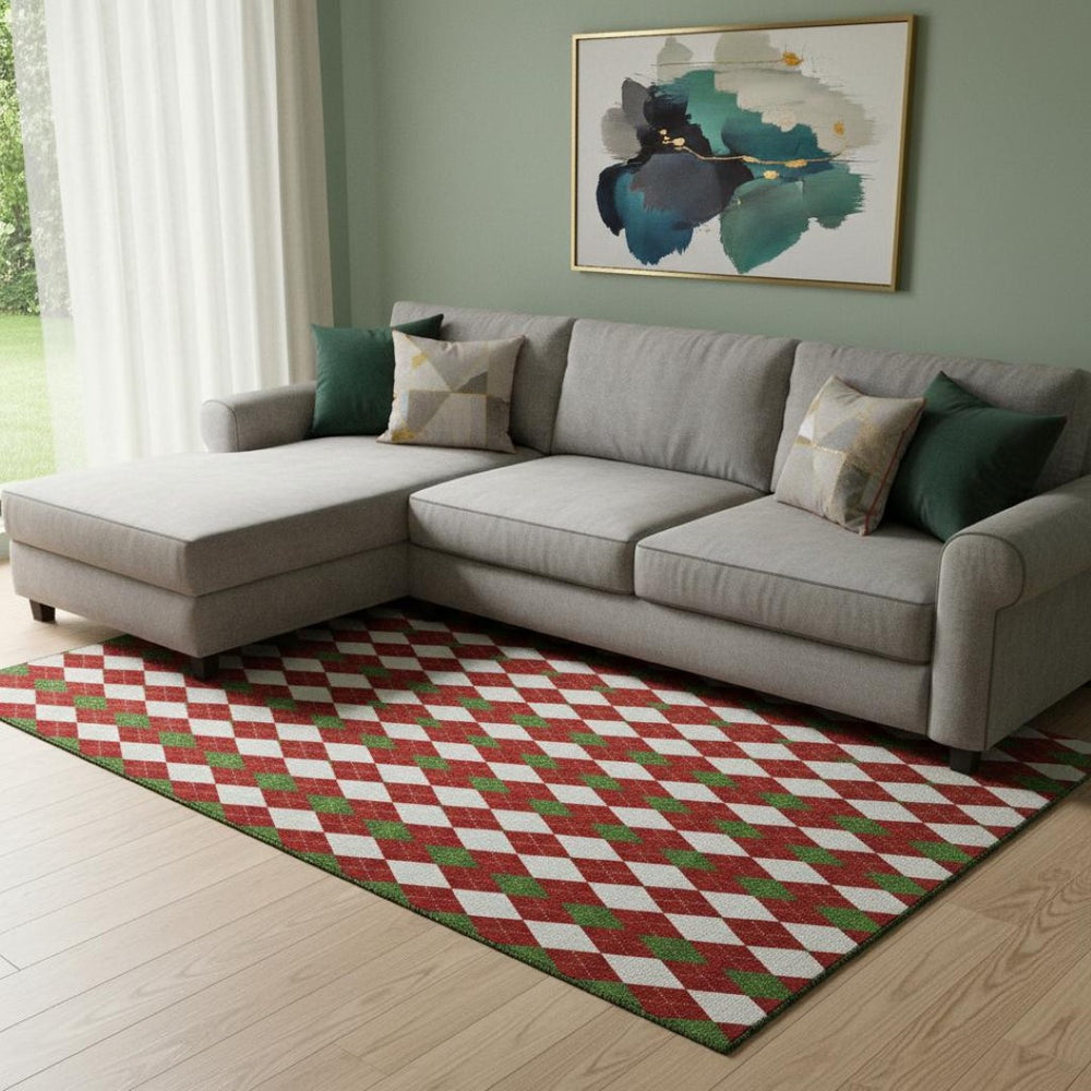 HomeRoots 8' X 10' Washable Area Rug in Bold Red, Green & White Geometric Design with UV Protection & Durability 701699