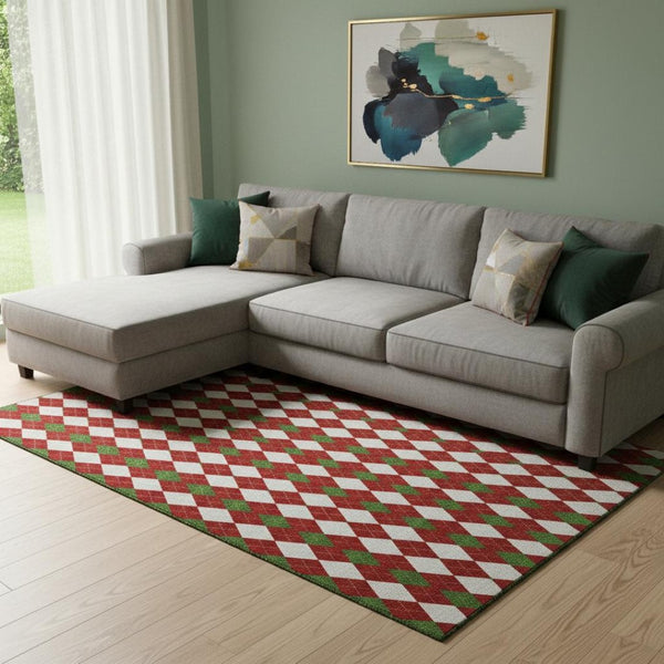 HomeRoots 8' X 10' Washable Area Rug in Bold Red, Green & White Geometric Design with UV Protection & Durability 701699