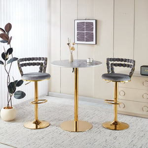English Elm Modern Glam Pub Set with Marble Top Round Table and Two Adjustable Stools Grey+Gold W234S00132
