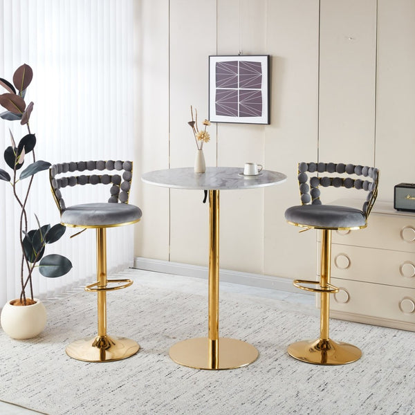 English Elm Modern Glam Pub Set with Marble Top Round Table and Two Adjustable Stools Grey+Gold W234S00132